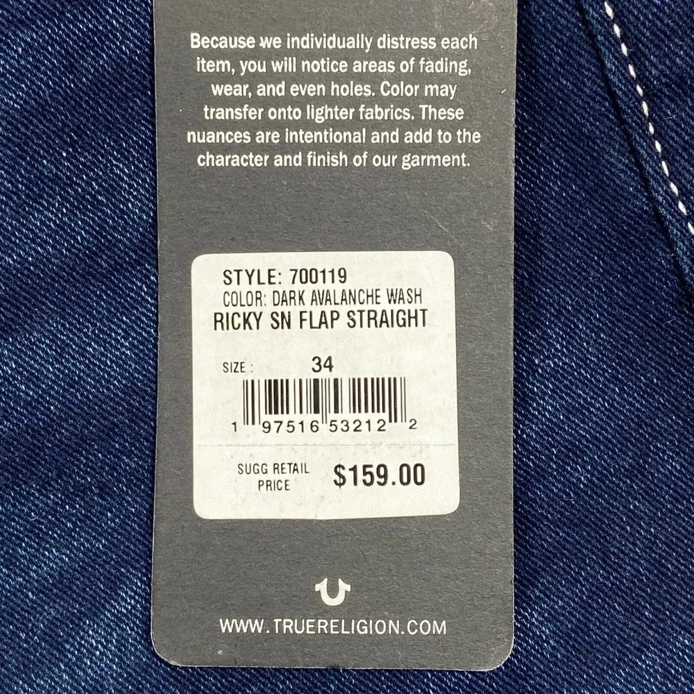 NEW True Religion Jeans Mens 34x34 Blue Denim Ricky Flap Distressed Straight Leg
